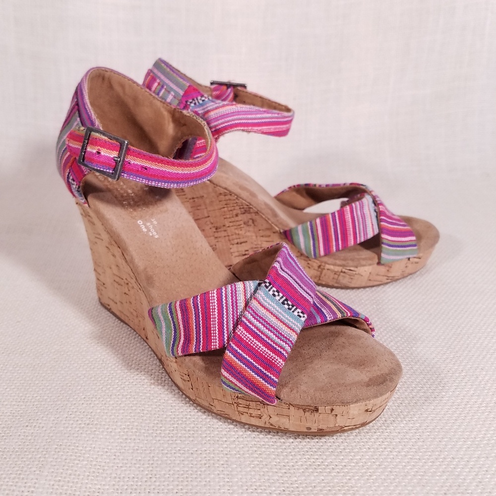 Tom's Open Toe Ankle Strap Cork Wedge Heels